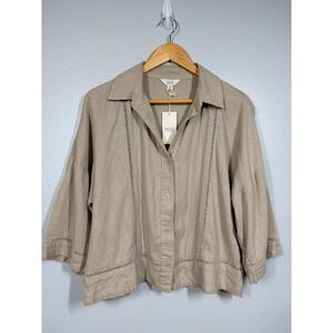 Next Button Up Women Size 6 Tan Linen Blend Crochet Trim Shirt‎ Top NEW